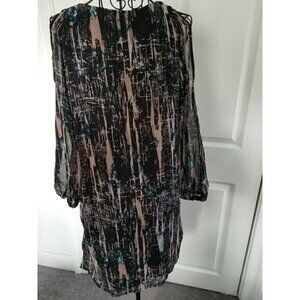 Sentimental Brown Black Teal Cold Shoulder V BackTie Accent Chiffon Dress Size M